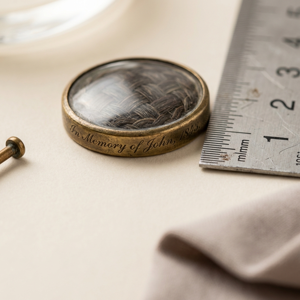 Macro full frame view of antique widows ring bezel showing inscription hairwork and patina with a ruler for scale on a pale beige background