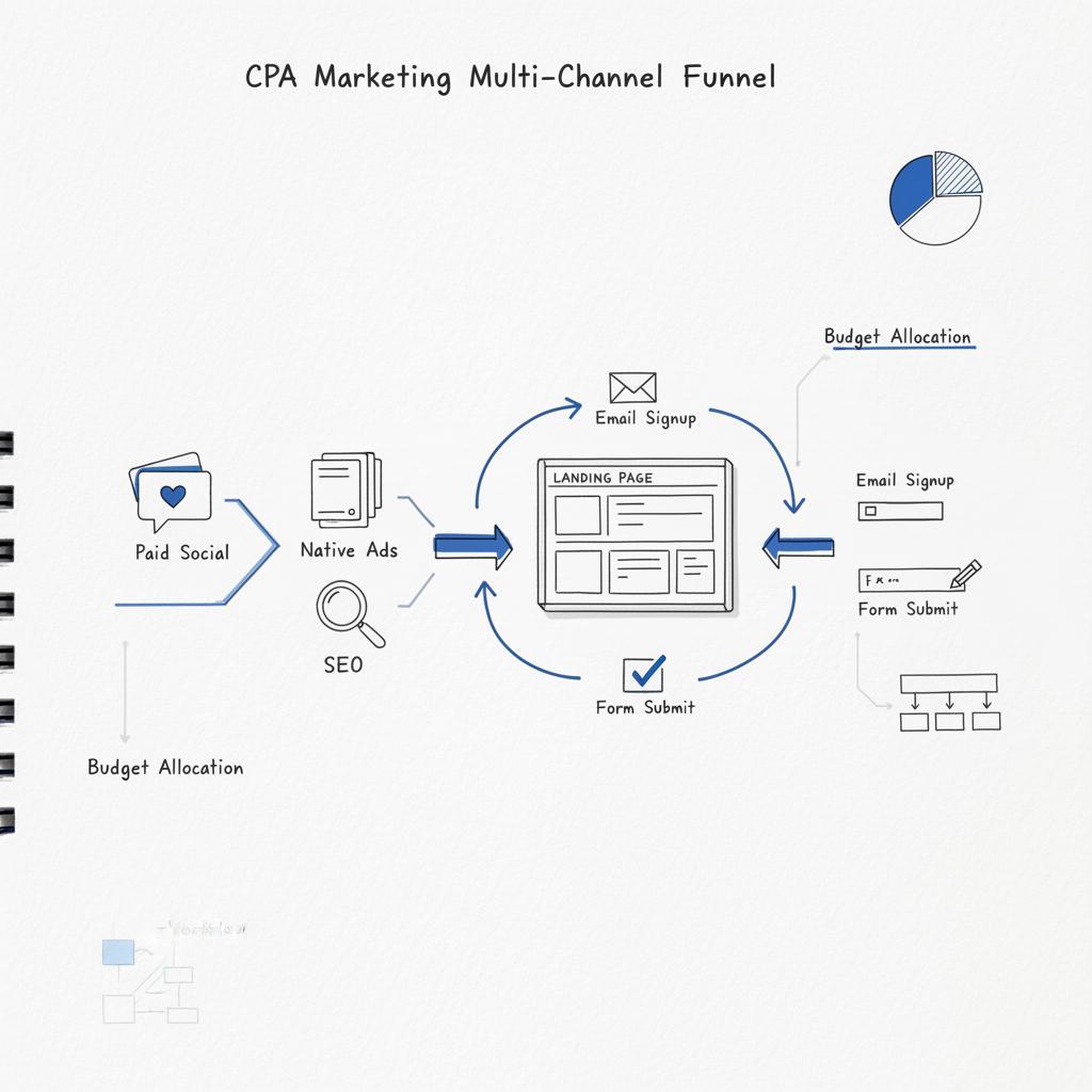 Hand-drawn notebook sketch of a CPA marketing multi-channel funnel with arrows from paid social, native ads and SEO into a landing page and micro-conversion icons.