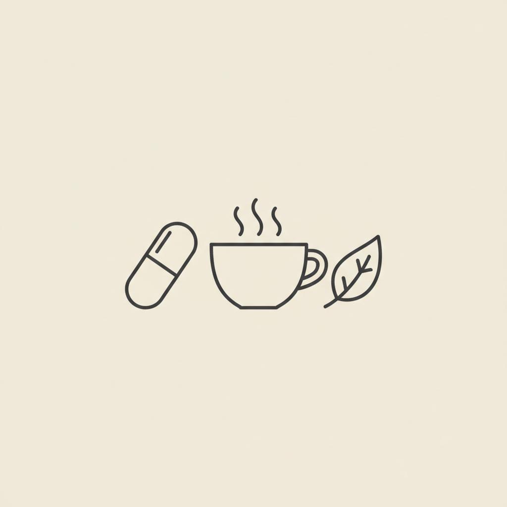 Minimalist Tonum-style vector line illustration of a capsule, steaming cup, and leaf on a beige background, symbolizing a natural Adderall alternative.