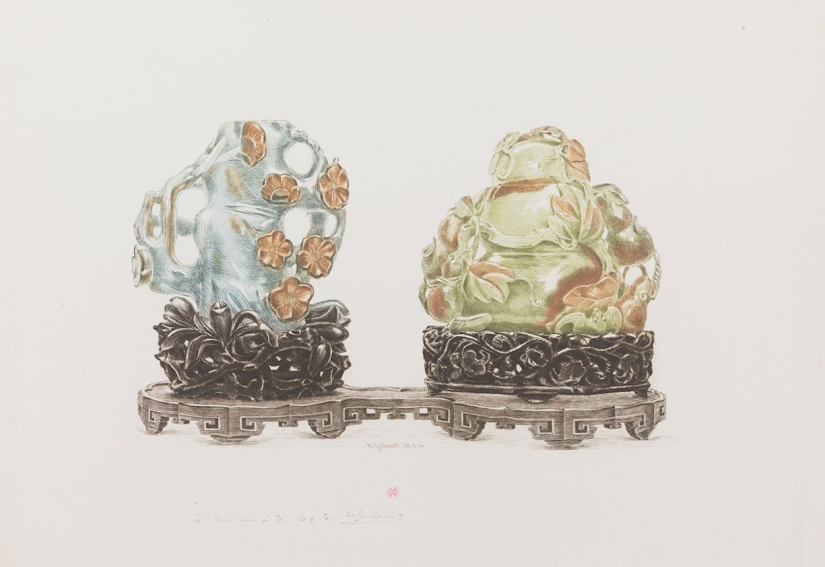 Deux sujets de jade et leur socle sur un présentoir 1890