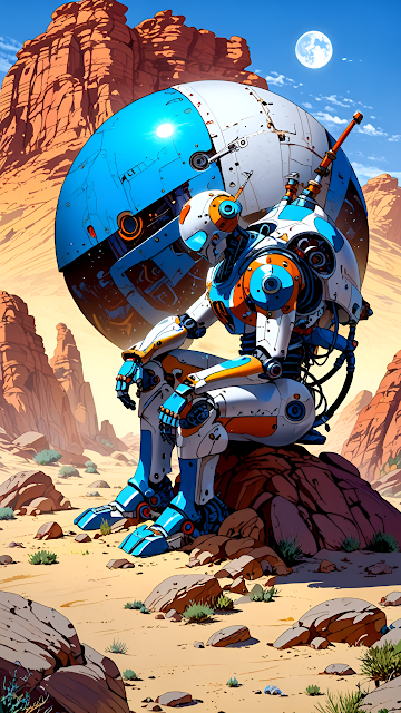 Robot Sitting Beside Giant Sphere in Desert Canyon - Free mobile Wallpaper