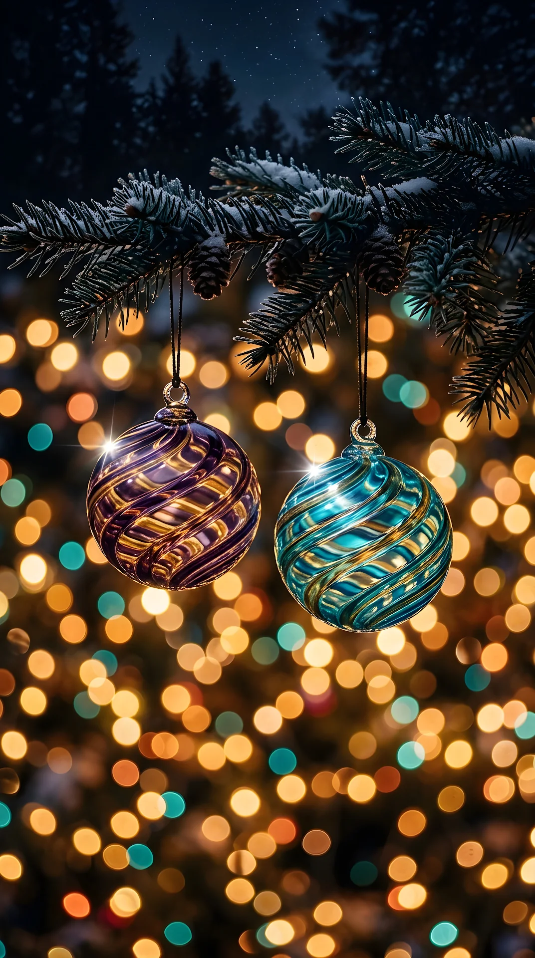 Vibrant Swirling Glass Ornaments Hanging in Festoon Lights - Free 4K mobile Wallpaper