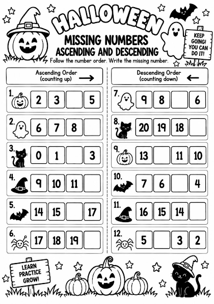 Halloween Missing Numbers Ascending and Descending