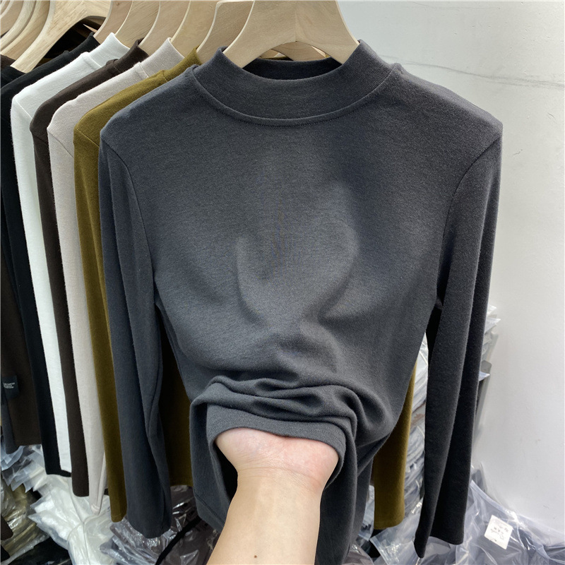 Women's long-sleeve shirt with stand-up collar and brushed inner side
