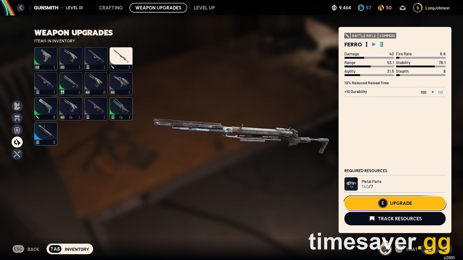 ARC Raiders existing Gunsmith upgrade screen tiering up a Ferro battle rifle — the new Research Workstation adds a fifth quality tier on top of the tier IV cap shown here
