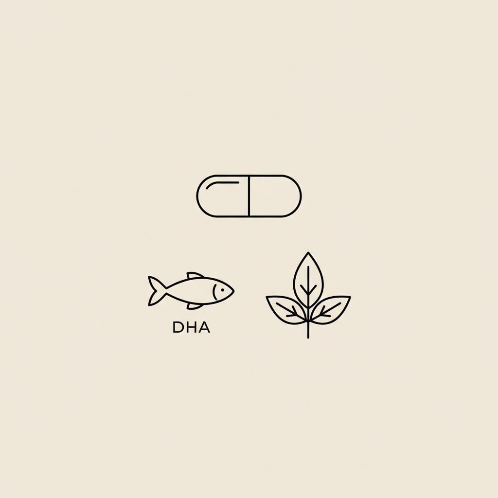 Minimal Tonum-style line illustration of a capsule, small fish (DHA) and Bacopa leaf on beige background — best supplement for memory retention