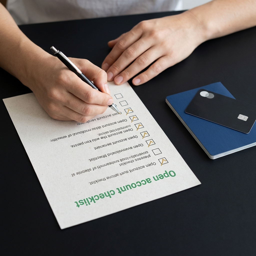 Close up hands filling open account checklist beside passport and bank card on dark minimalist desk how can we start trading