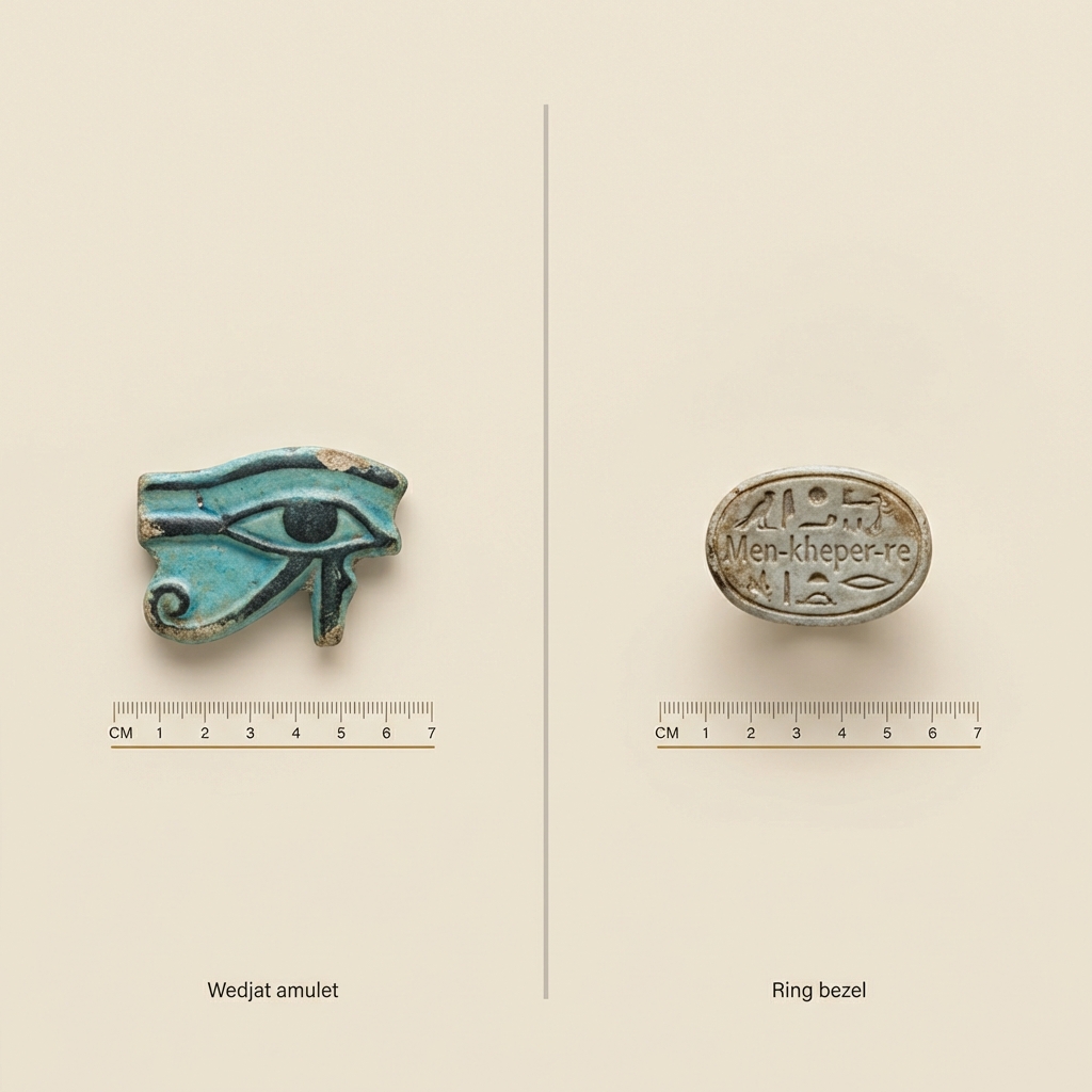 Side by side museum photo of a wedjat amulet and an eye of horus ring bezel with scale bars and minimal labels on a warm beige background