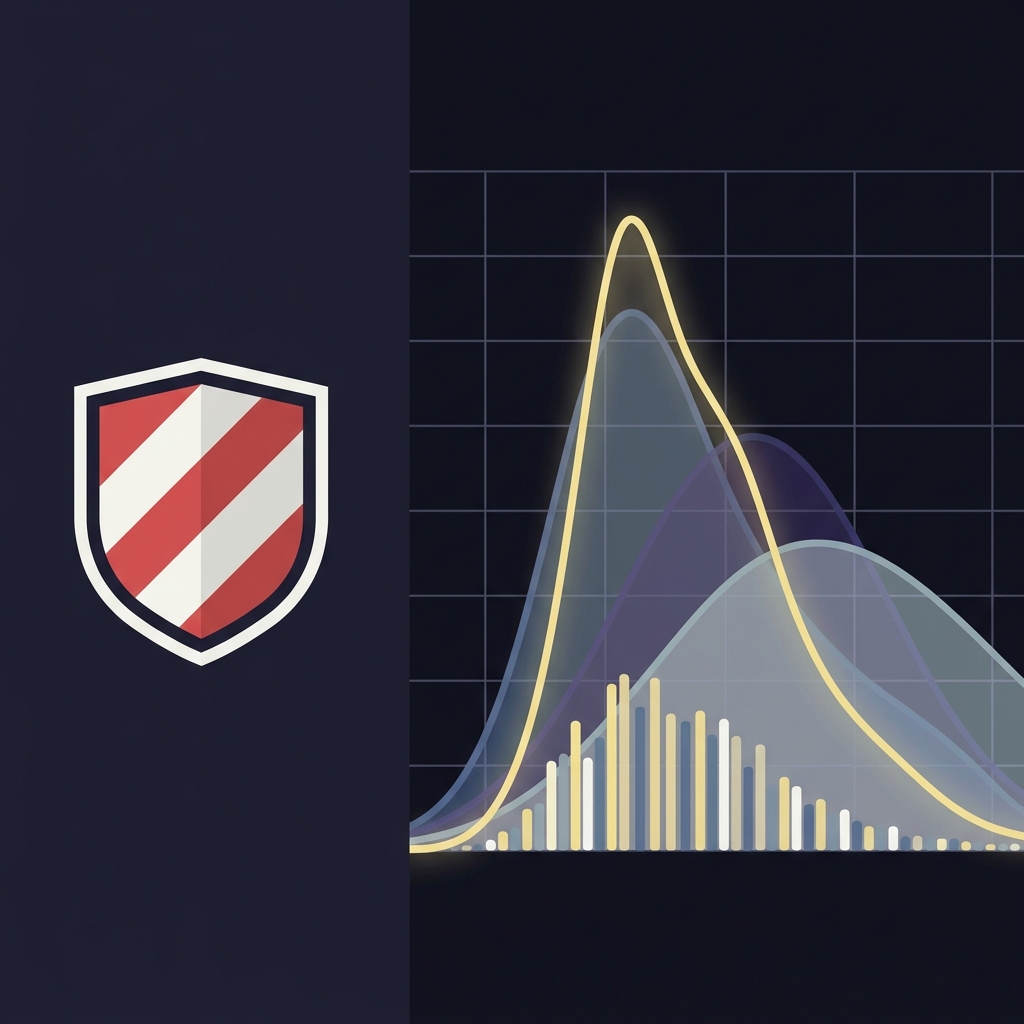 Minimal 2D vector split image showing a generic football shield and a Monte Carlo probability visualization on a dark Funded Plays branded background benfica prediction