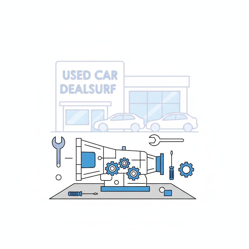 Minimalist 2D vector of a transmission on a clean workbench with neat tools and a soft focus used car dealership in the background dodge car dealerships near me