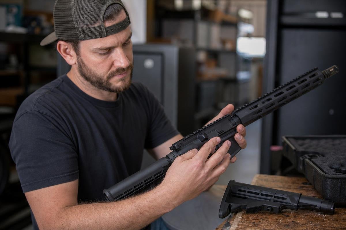 Shooter adjusting a 6-position AR-15 collapsible stock on a carbine lower receiver