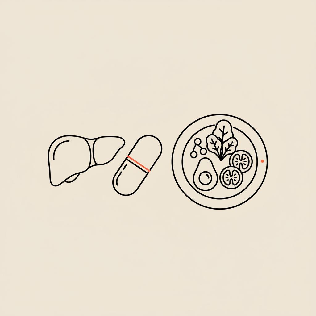 Minimal 2D vector line illustration of a liver, pill capsule, and plate with healthy food outlines on beige background, Tonum style — amlodipine fatty liver