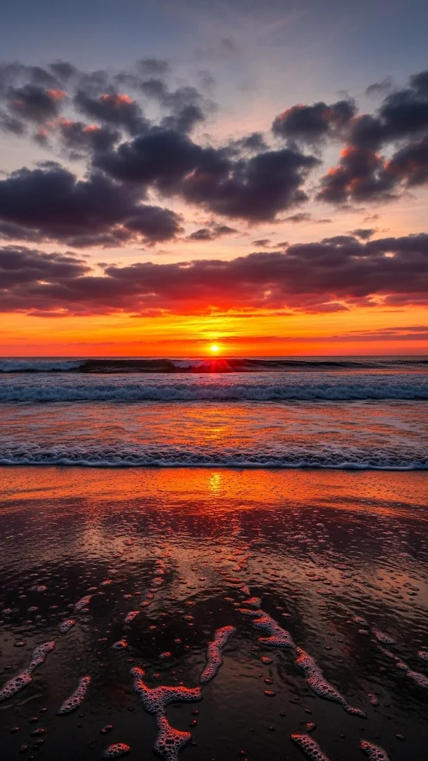 Fiery sunset over ocean with crashing waves and reflective wet sand