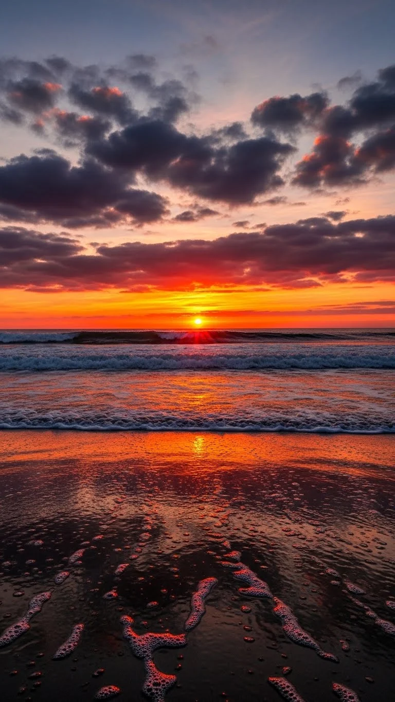 Fiery sunset over ocean with crashing waves and reflective wet sand - Free 4K mobile Wallpaper