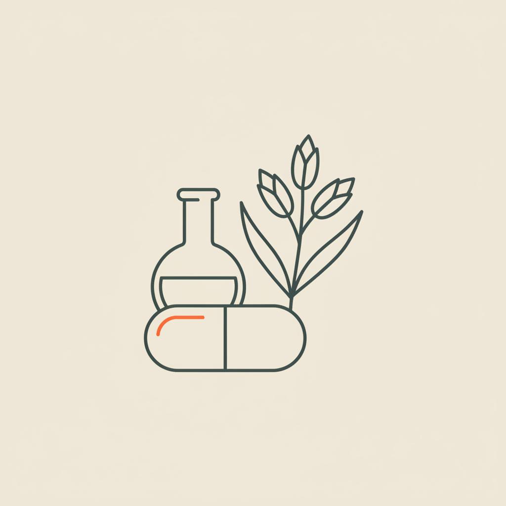Minimal Tonum-style line illustration of a capsule, oat stalk, and lab flask on beige background suggesting food, science, and supplements — can probiotics speed up metabolism