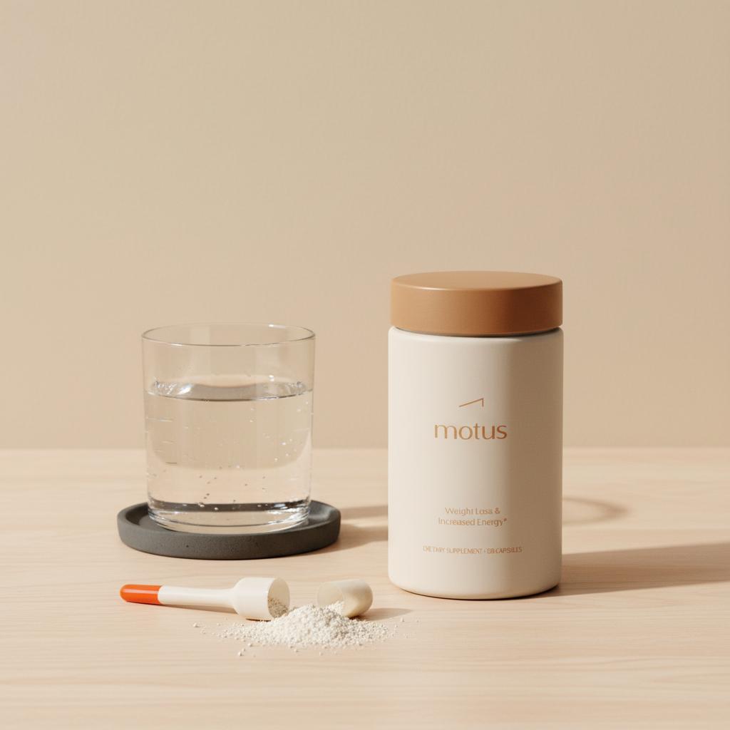 Minimalist studio photo of Motus supplement jar on a light wooden counter with an open capsule and glass of water — best natural weight loss supplement