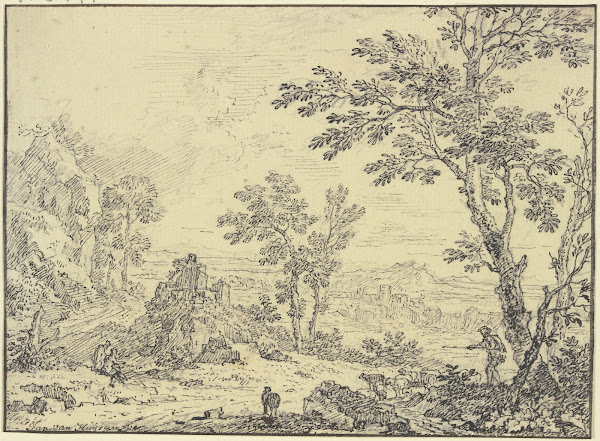 Landschaft mit Ruinen vorne rechts ein Schafhirte