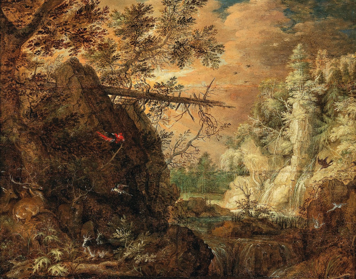 A rocky wooded landscape with a waterfall 1616