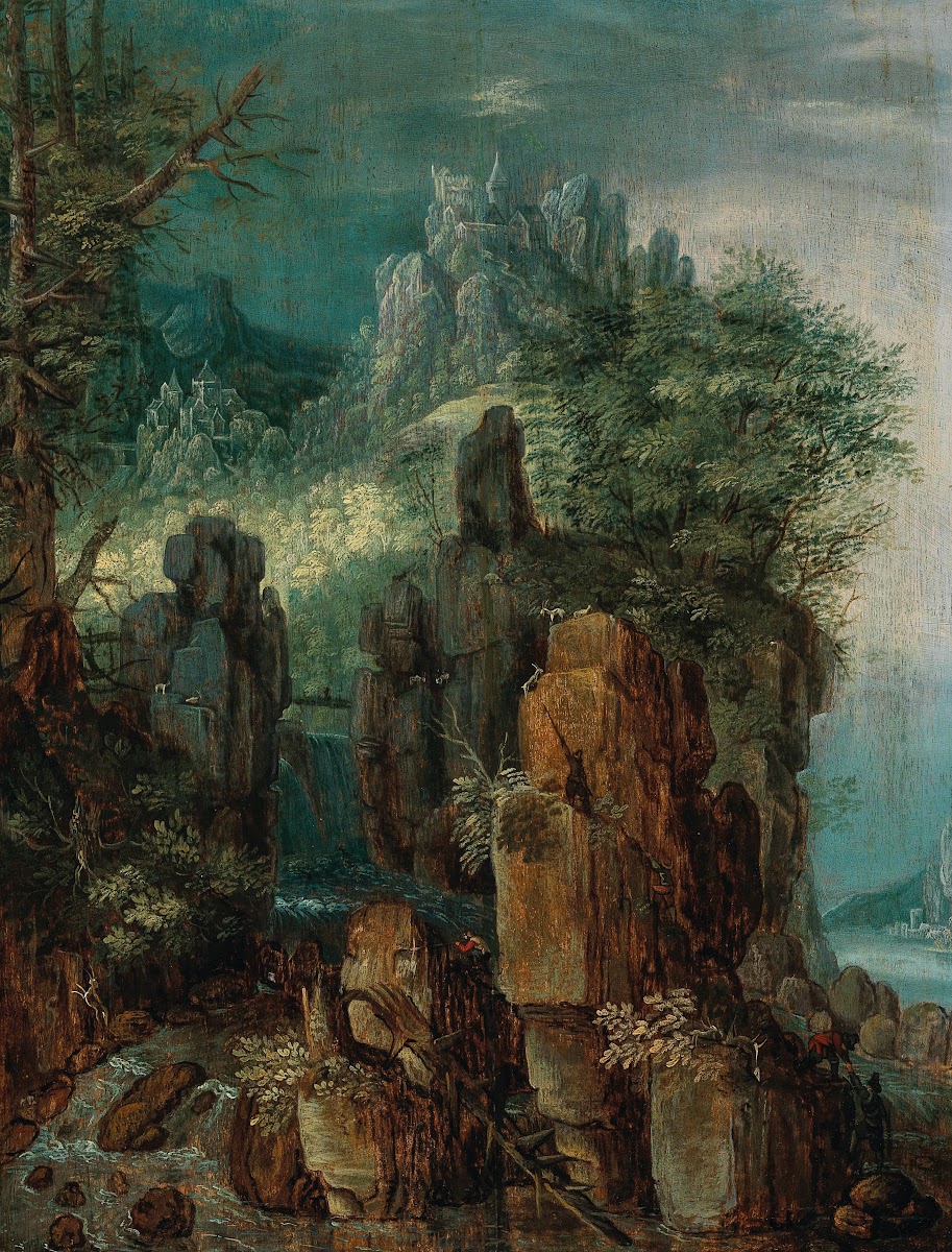 A mountainous river landscape with figures and goats a village beyond