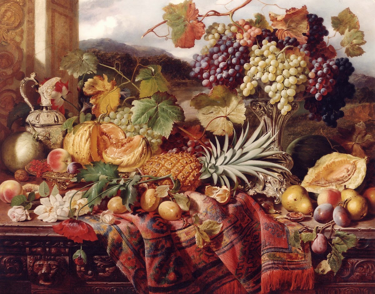 Still Life with Mixed Fruit  a Rug with Landscape Beyond 1855