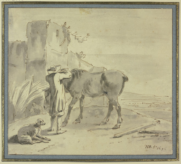 Bei einem alten Turm steht ein Bauer an seinem Pferde beschäftigt dabei ein Hund
