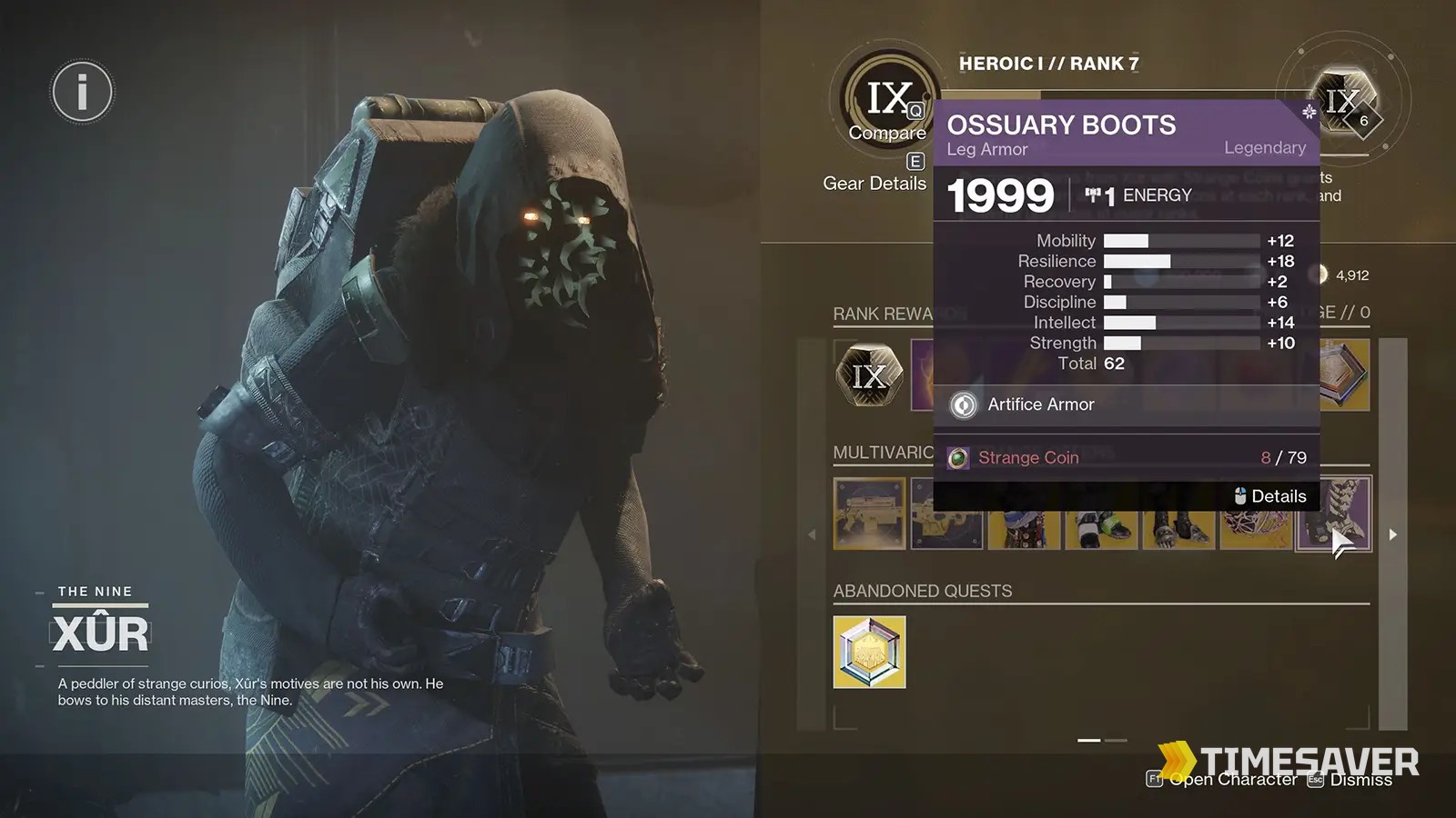 Xûr's reworked inventory in Destiny 2 showing a piece of Legendary armor priced in Strange Coins