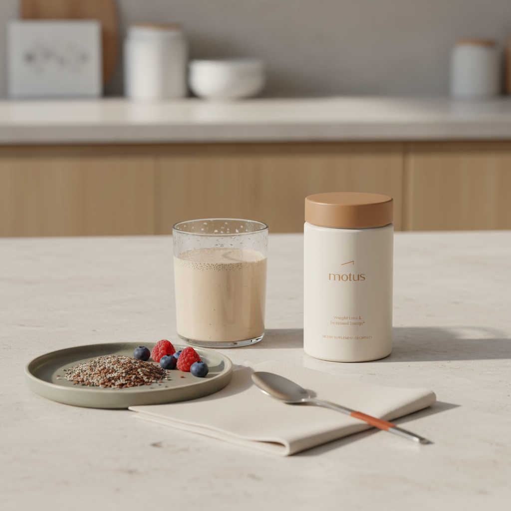Motus supplement jar beside a clear glass protein shake and a small plate of seeds and berries on a minimalist kitchen island, promoting protein shakes for weight loss.