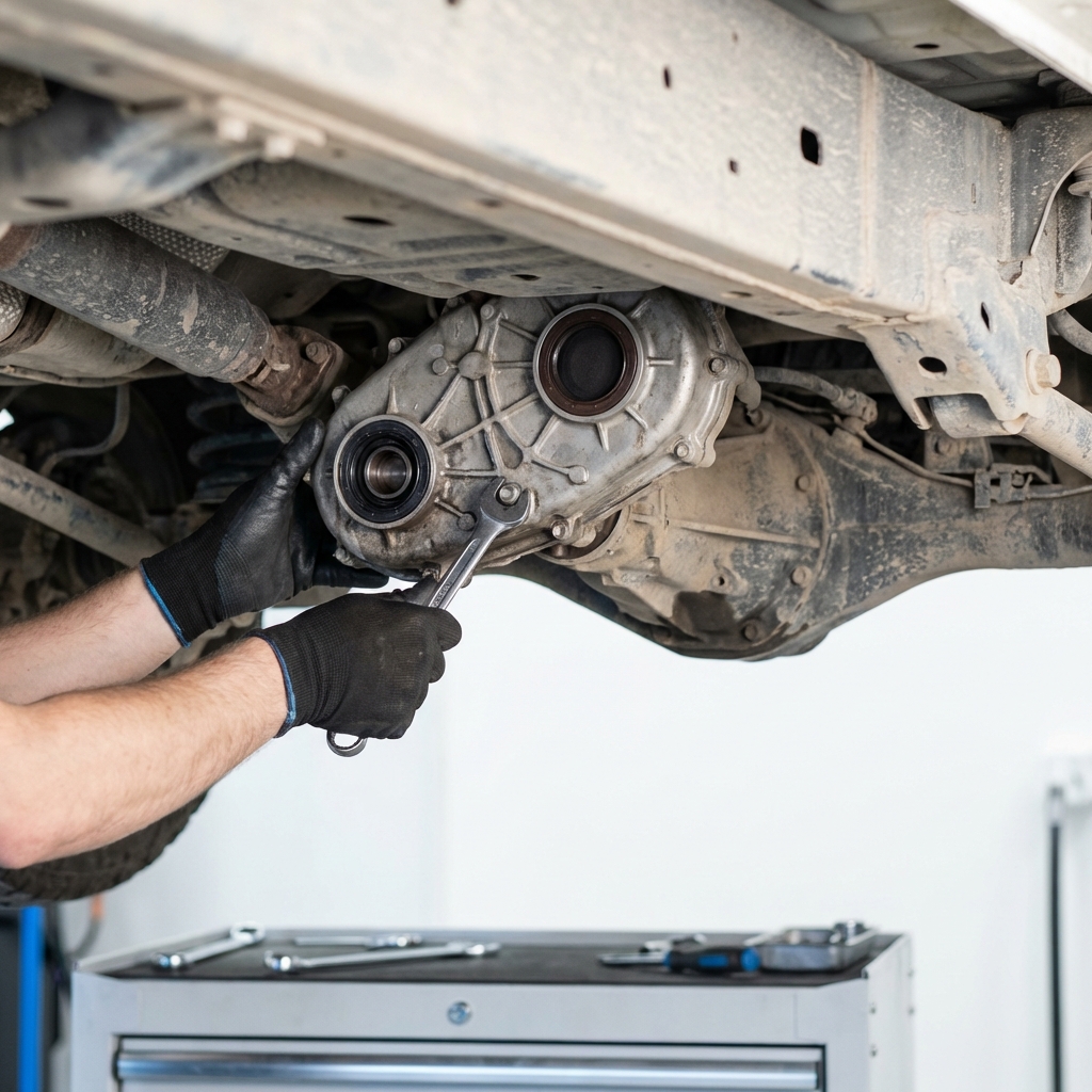 Close up of technician inspecting transfer case and differential oil seals on a lifted Toyota 4Runner used 4runner for sale clean workshop white background and blue accents