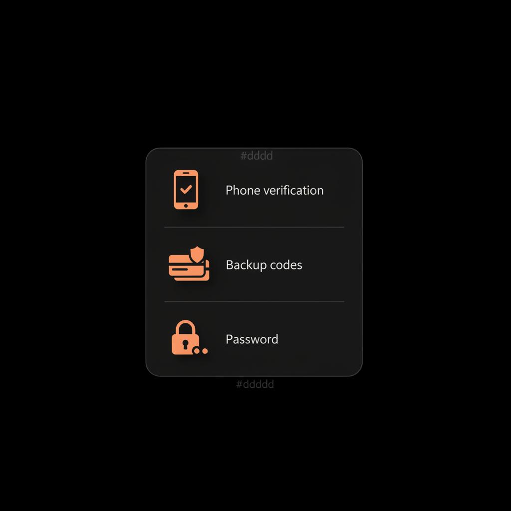 Minimal full-frame infographic on black background showing a recovery checklist with icons for phone verification, backup codes, and passwords to recover Gmail account