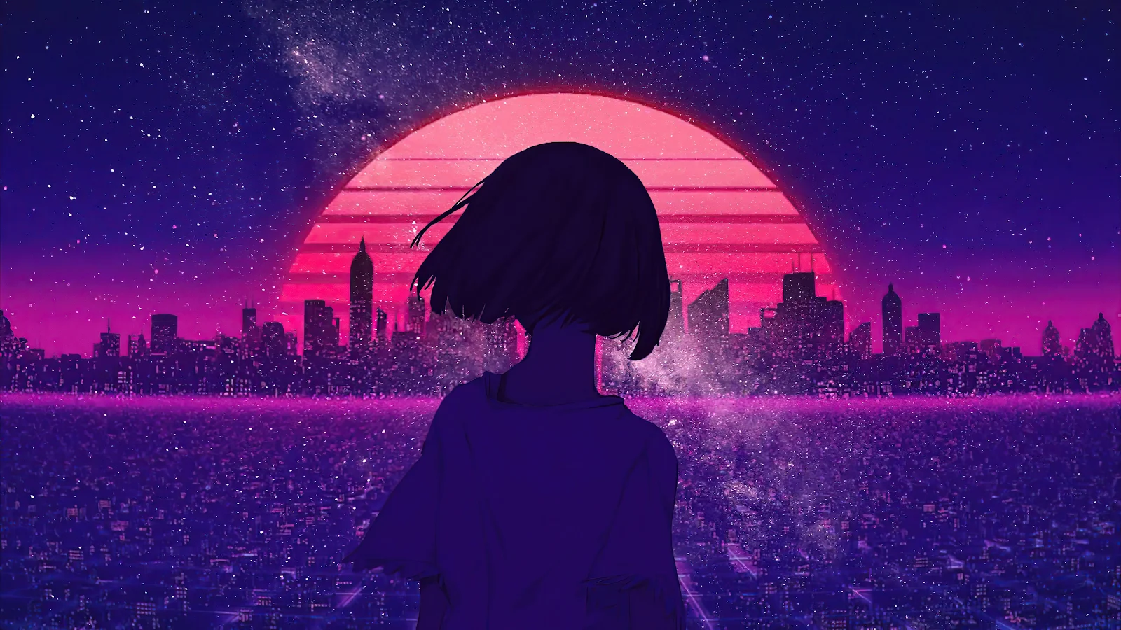 Synthwave Night Sunset Anime Girl 4K Desktop Wallpaper Background [3840x2160] Free Download