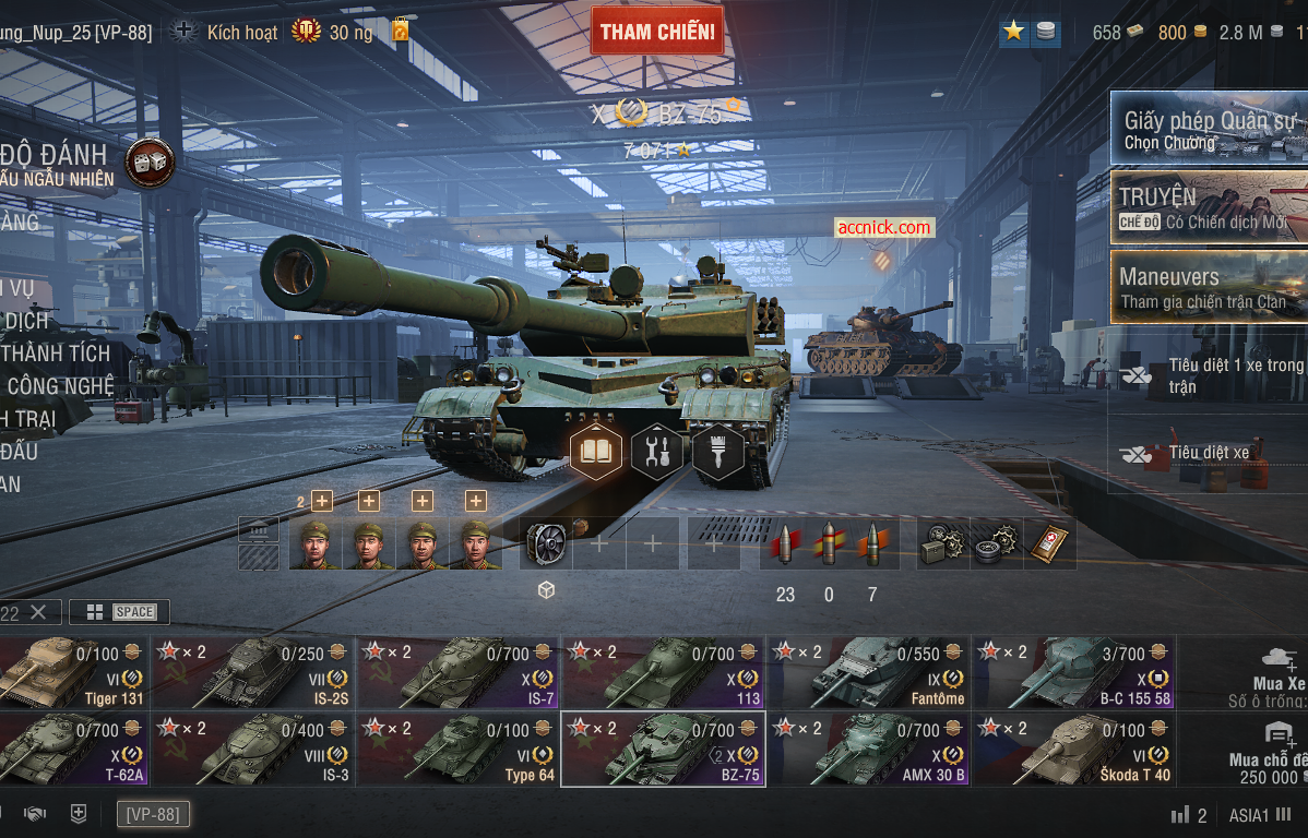 Acc World of Tanks PC sở hữu 6 tank X gồm BZ-75, 113, IS-7,...