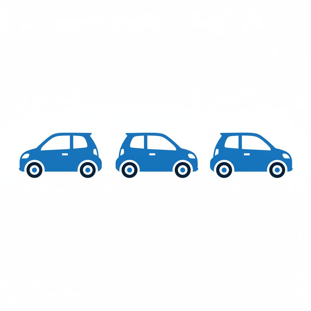 Minimal 2D vector row of three compact cars in CarFax Deals blue on white background representing affordable cars near me clean minimalist layout