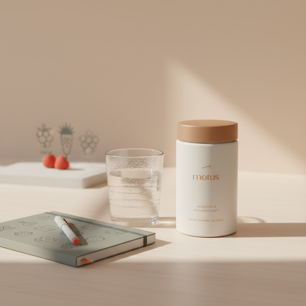 Minimalist kitchen scene with Tonum supplement jar on wooden counter beside glass of water and folded tracker, illustrating how quickly does magnesium glycinate work in a wellness routine