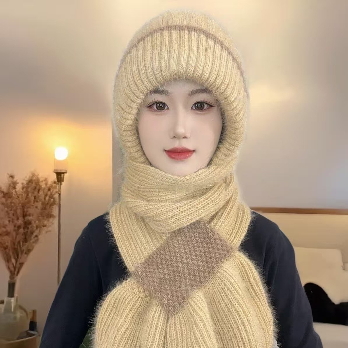 Knitted hat and scarf set, lined, winter