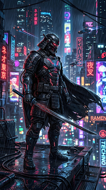 Cyberpunk Samurai Illustration in Full Armor with Glowing Neon Accents - Free mobile Wallpaper