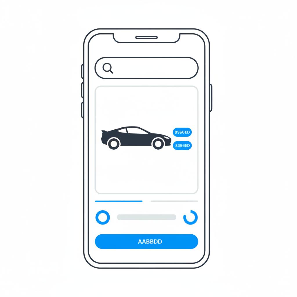 Minimal 2D vector mobile listing mockup in CarFax Deals colors showing a generic sport sedan card with price tag shapes representing kia stinger for sale