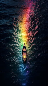 Wooden Boat Sailing Through Vibrant Rainbow Water Reflection