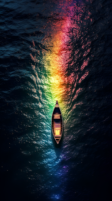 Wooden Boat Sailing Through Vibrant Rainbow Water Reflection - Free mobile Wallpaper