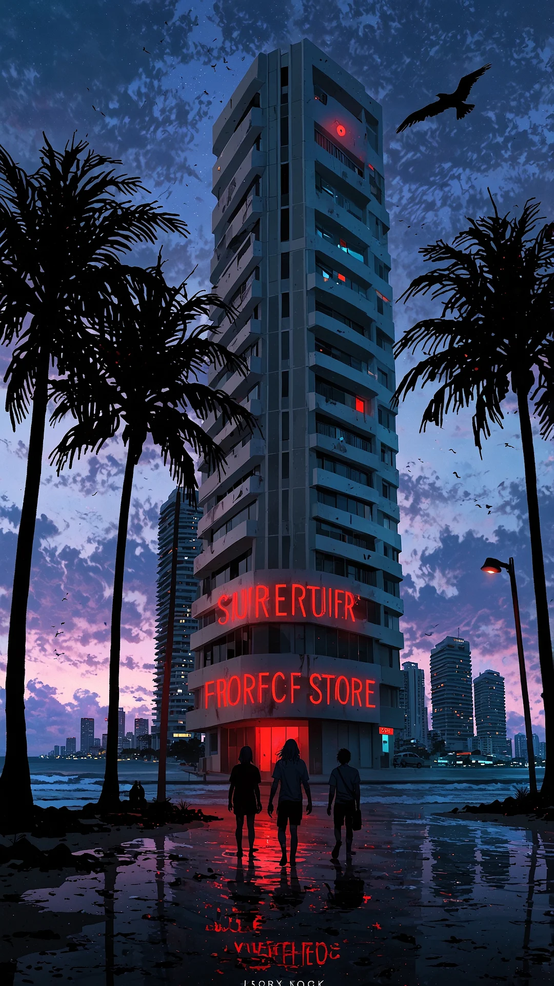 Cyberpunk Beach Tower with Neon Sign at Dusk - Free 4K mobile Wallpaper