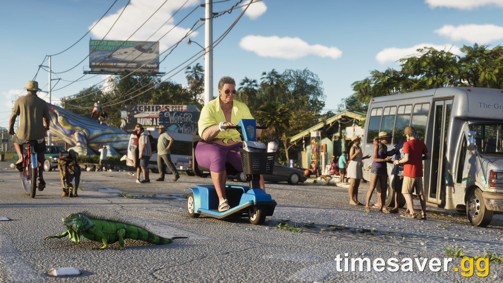 Official GTA 6 Leonida Keys screenshot showing a woman on a mobility scooter, a green iguana crossing the road and tourists by a shuttle bus