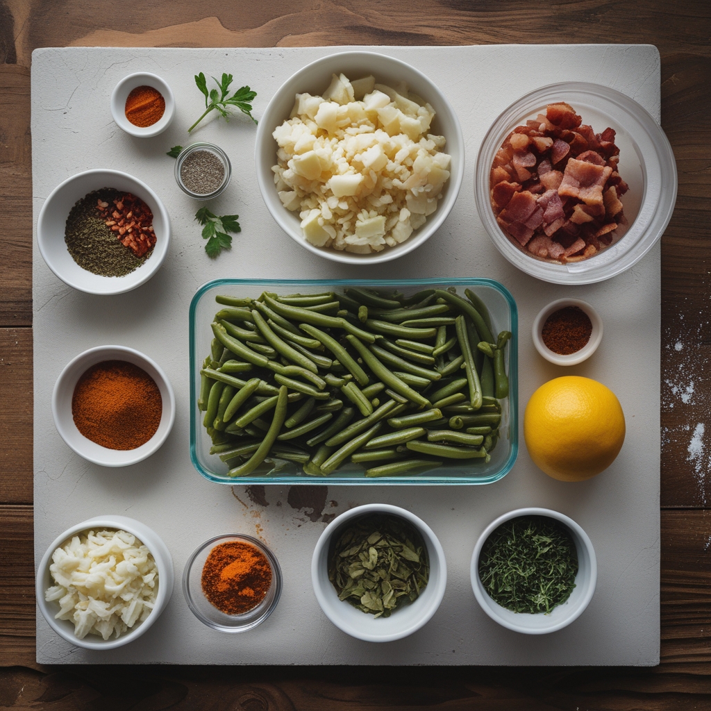 Ingredients for Bacon Loaded Green Bean Casserole – Easy, Creamy & Crispy Comfort Side Dish