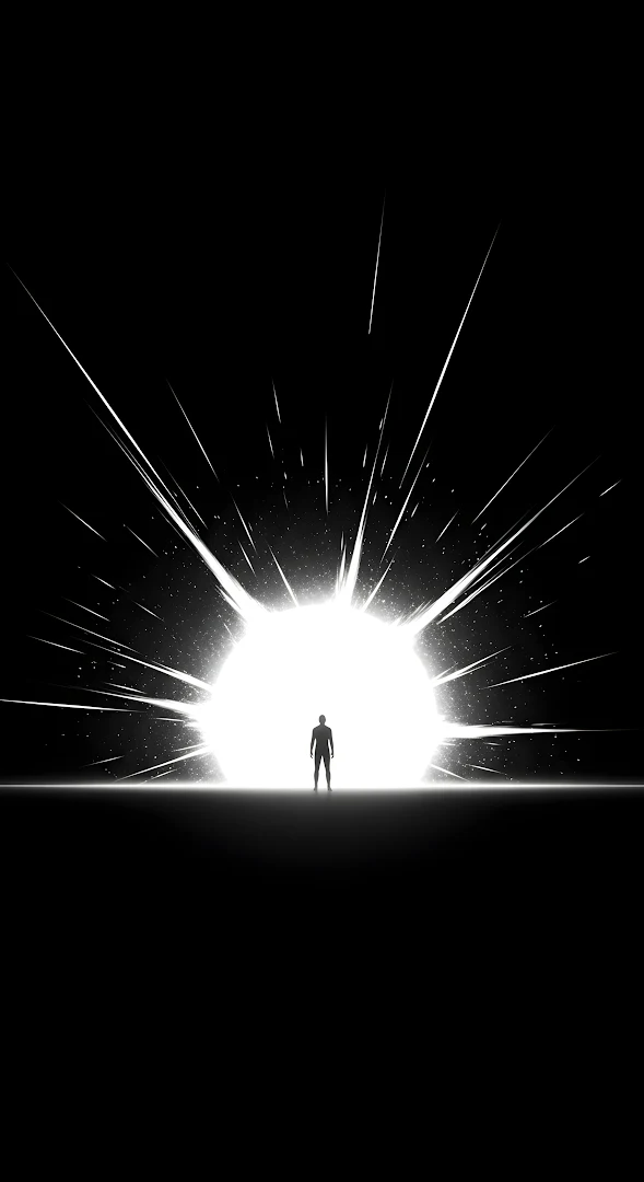 Silhouette Facing Massive White Light Explosion in Void