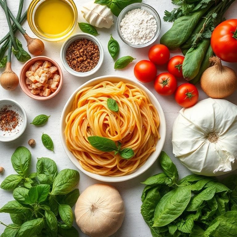 Ingredients for Creamy Vegan Tomato Basil Pasta Perfect for Dinner: Quick & Comforting