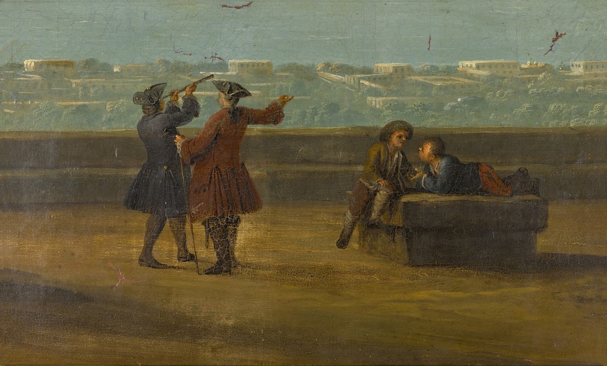 Naples a view over Il Miglio doro with figures on a terrace with a telescope