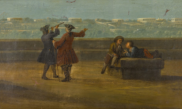 Naples a view over Il Miglio doro with figures on a terrace with a telescope
