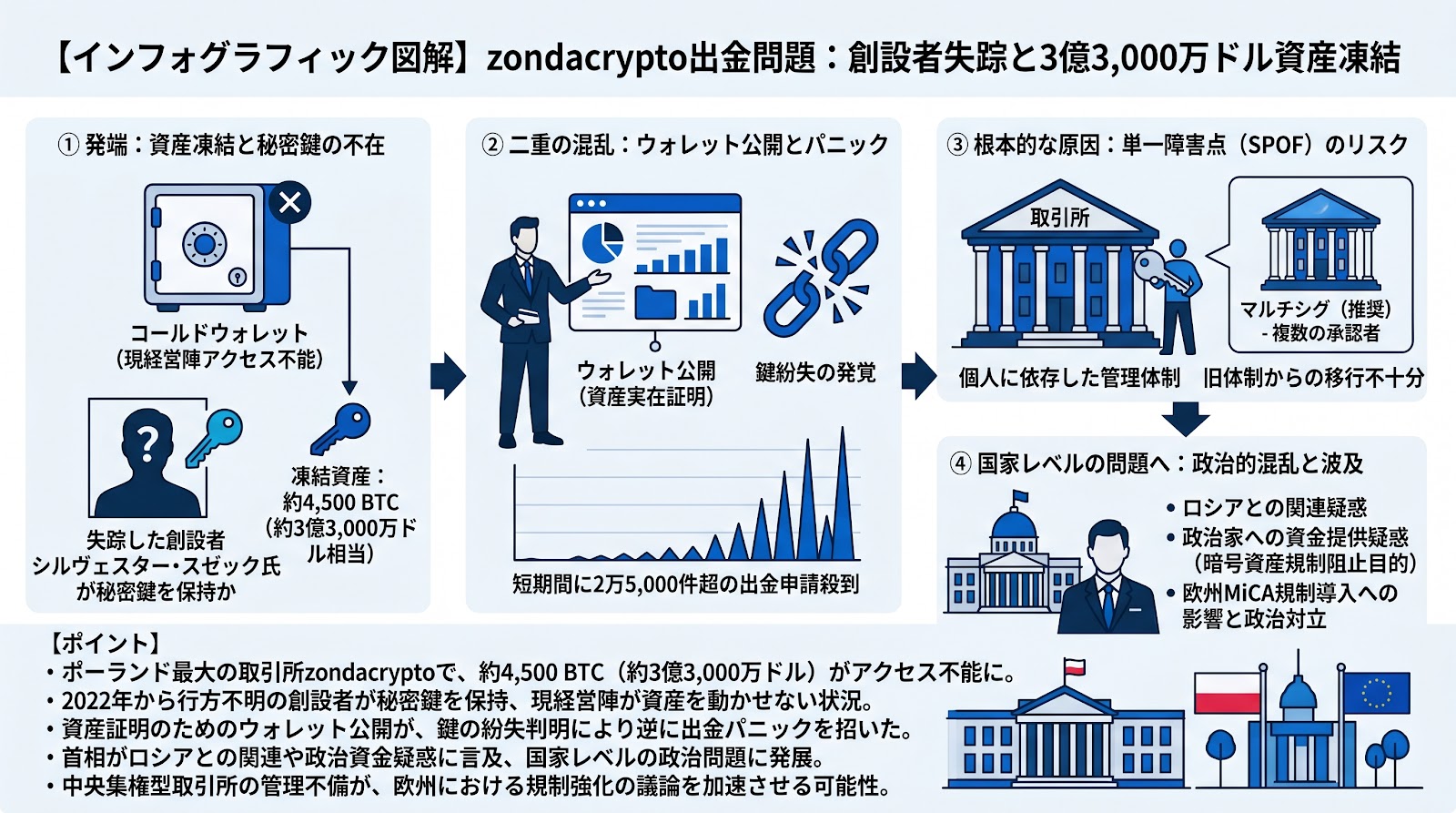ポーランド最大手の暗号資産取引所zondacryptoで出金問題が発生、創設者の失踪により3億3,000万ドルの資産が凍結