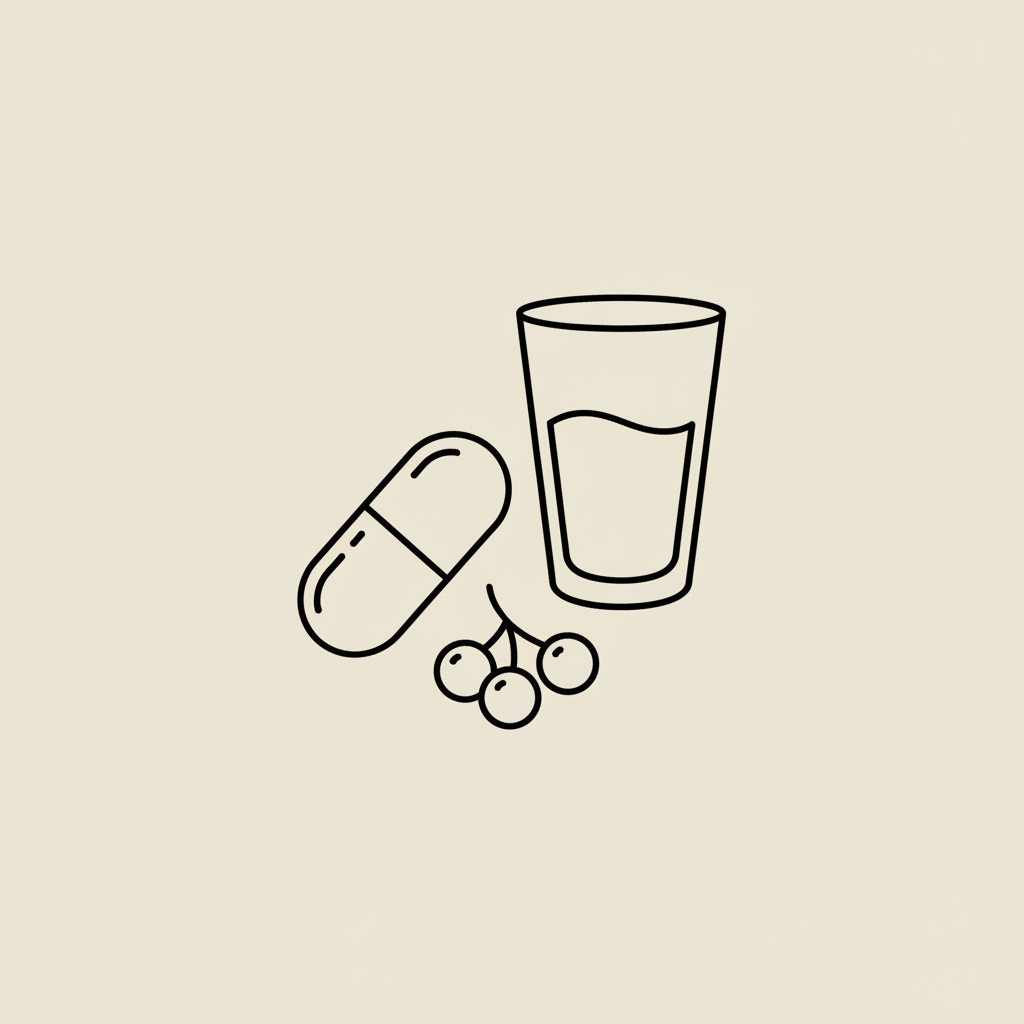 Tonum-style minimalist line illustration of a capsule, water glass, and small berry cluster on a beige background, representing phentermine-related hydration and supplements.