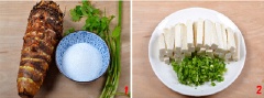 Khoai lang gọt vỏ, thái thành dạng que dài vừa ăn rồi thả vào chậu nước có pha thêm chút muối cho sạch nhựa. Để chừng 15 phút rồi vớt khoai ra rổ thưa cho ráo nước. Rau mùi và hành cắt gốc, cắt nhỏ.