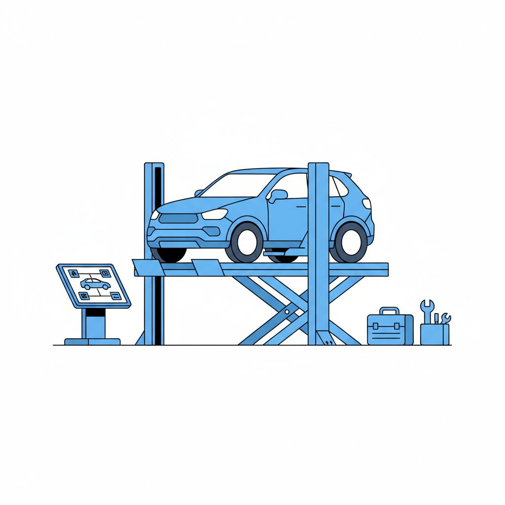 Minimalist vector of an SUV in a service bay with a tablet on a stand and diagnostic toolbox conveying a pre purchase inspection rav4 used for sale
