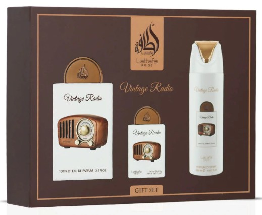 ESTUCHE LATTAFA VINTAGE RADIO UNISEX 3PZS 100ML EDP + 20ML EDP + SPLASH